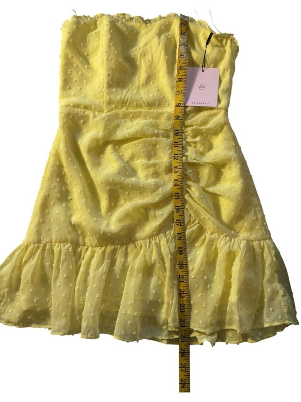Hello Molly Face On Magazines Strapless Yellow Mini Dress Ruffle Hem Ruching - Picture 7 of 13